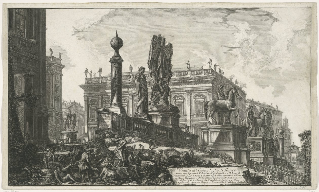 Capitol Square van links set Udsigt over Capitol på siden (titel på objekt) Gezichten op Rom (serietitel) Udsigt over Rom designet og indgraveret af Giambattista Piranesi-arkitekten Ve (nez) iano (serietitel) af Giovanni Battista Piranesi