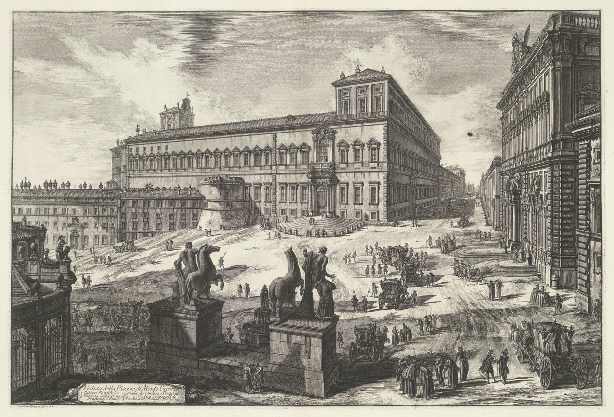 Piazza del Quirinale i Rom Udsigt over Piazza di Monte Cavallo (titel på objekt) Gezichten op Rom (serietitel) Udsigt over Rom designet og indgraveret af Giambattista Piranesi-arkitekten Ve (nez) iano (serietitel) af Giovanni Battista Piranesi