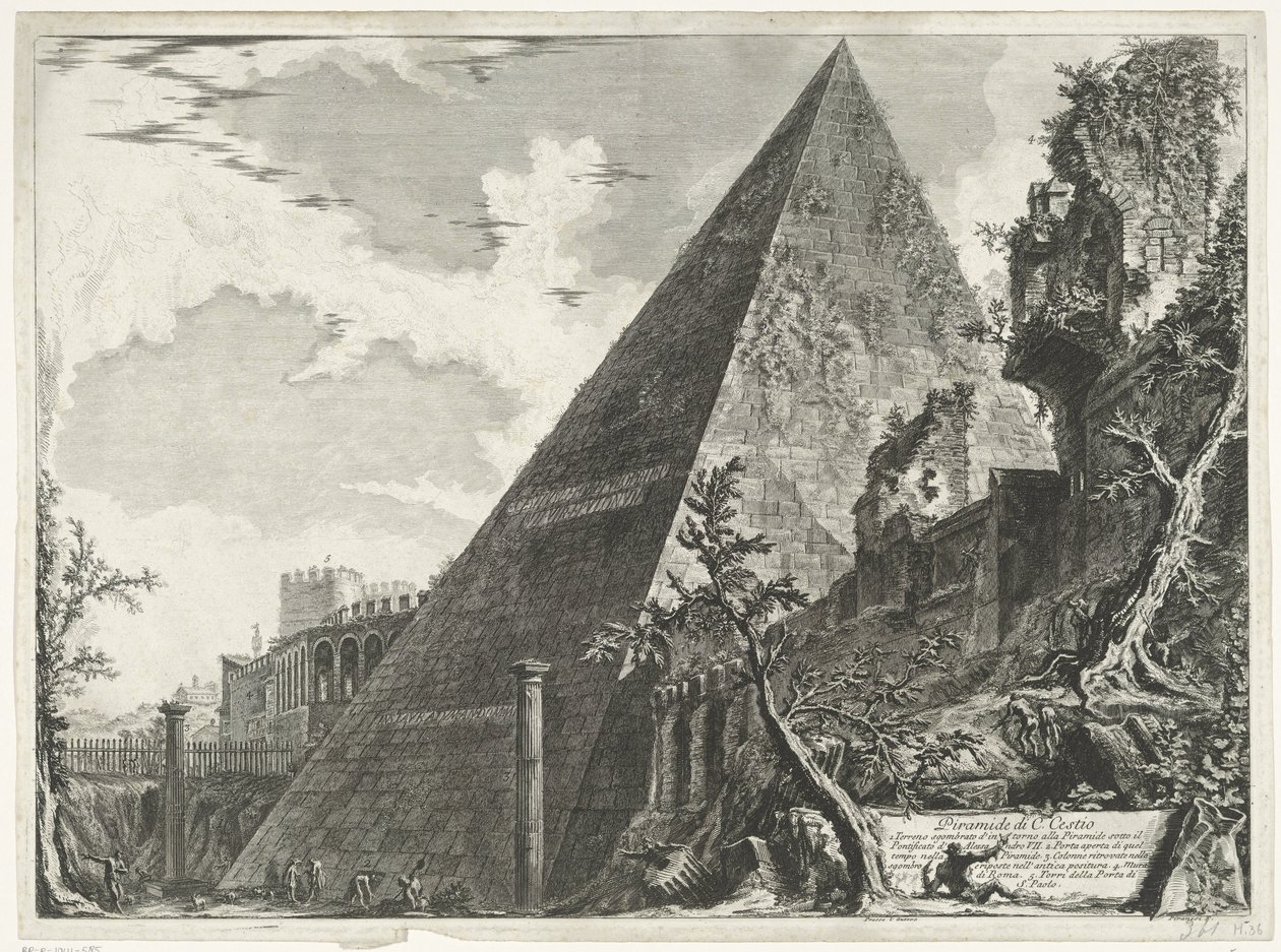 Piramide van Cestius i Rom Pyramide af C. Cestio (titel på objekt) Gezichten op Rom (serietitel) Udsigt over Rom designet og indgraveret af Giambattista Piranesi-arkitekten Ve (nez) iano (serietitel) af Giovanni Battista Piranesi