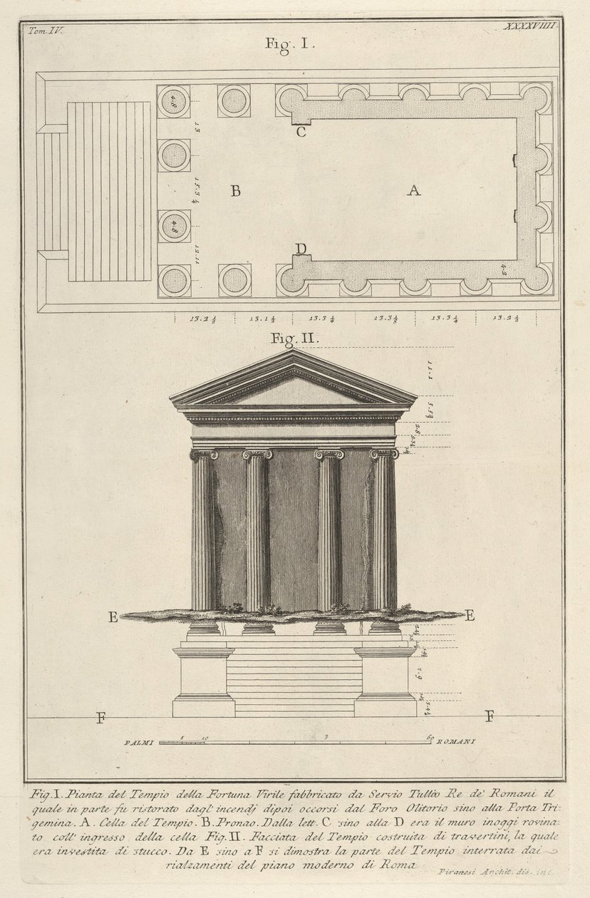 Plan og facade af Temple of Fortuna Virilis Tempio della Fortuna Virile, fra s..., 1756. af Giovanni Battista Piranesi