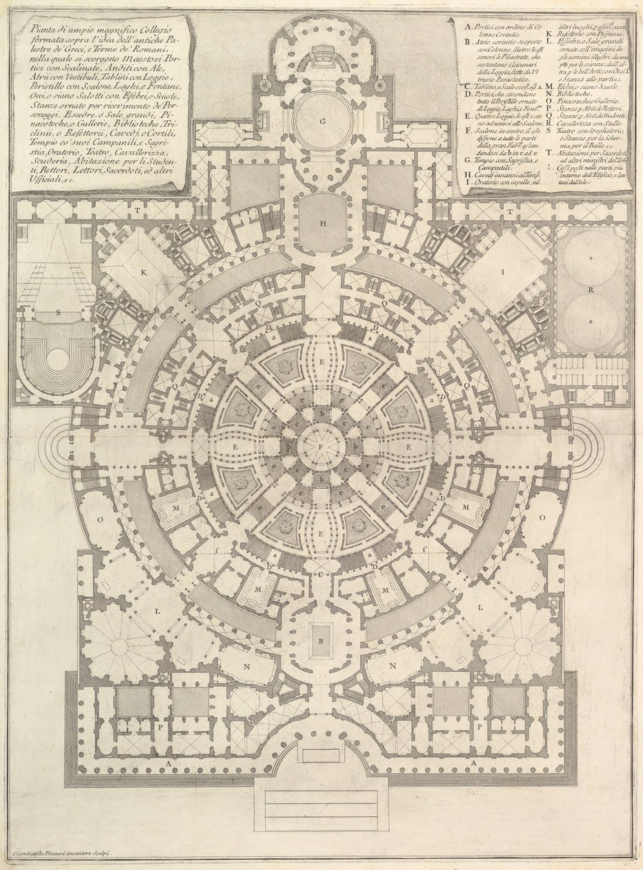 Plan over et rummeligt og storslået kollegium designet efter det gamle gymnasium i Grækenland, 1750. af Giovanni Battista Piranesi