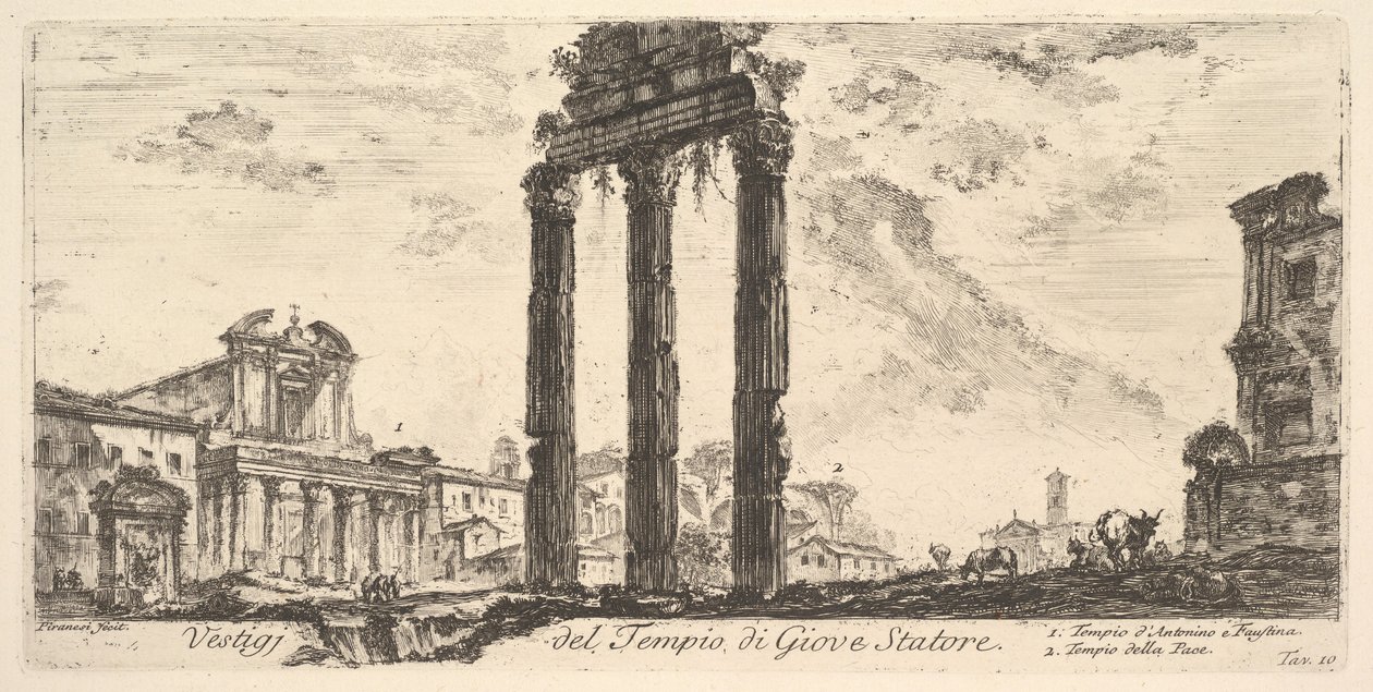 Plade 10: Ruinerne af Jupiters tempel Stator Jupiter Supporter. 1. Tempel af ..., ca. 1748. af Giovanni Battista Piranesi