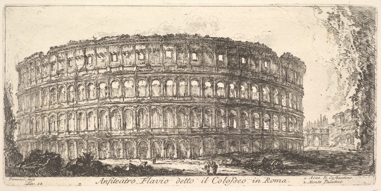 Plade 12: Flavian Amphitheater, kaldet Colosseum. 1. Konstantins bue. 2. Palat..., ca. 1748. af Giovanni Battista Piranesi