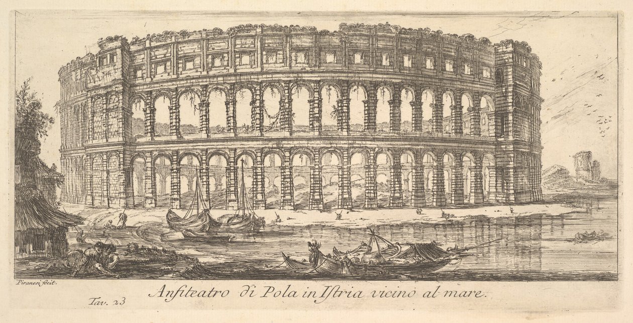 Plade 23: Amfiteater i Pula i Istrien nær havet Amfiteater i Pula i Istrien vi ..., ca. 1748. af Giovanni Battista Piranesi