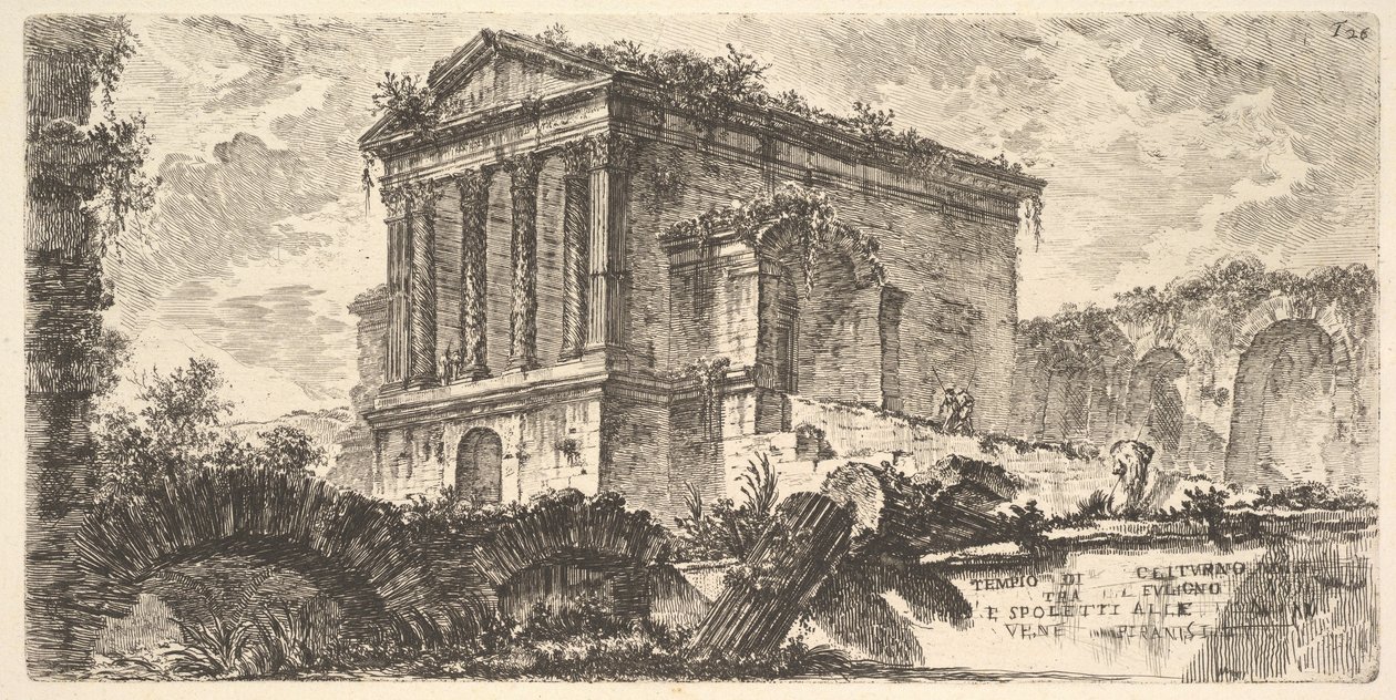 Tavle 26: Clitumnus-templet mellem Foligno og Spoleto, fra «Nogle udsigter over triumfbuer og andre mindesmærker opført af romerne, hvoraf nogle ses i Rom og andre i Italien» af Giovanni Battista Piranesi