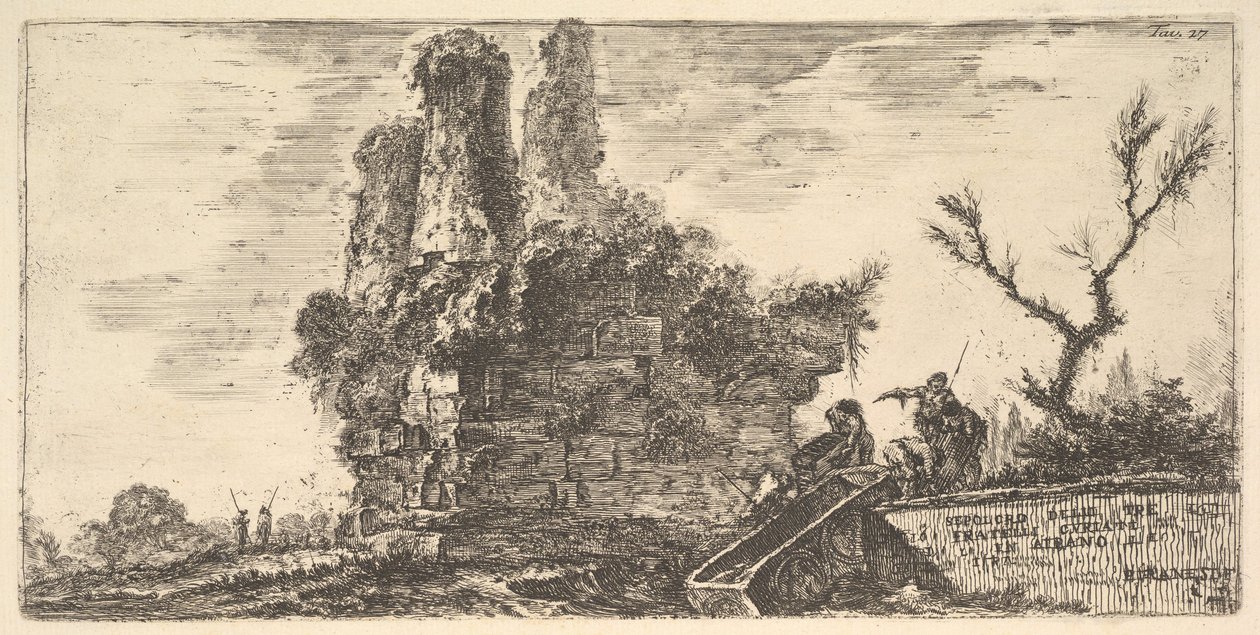 Tavle 27: De tre Curiatii-brødres grav i Albano Grav af de tre brødre C ..., ca. 1748. af Giovanni Battista Piranesi