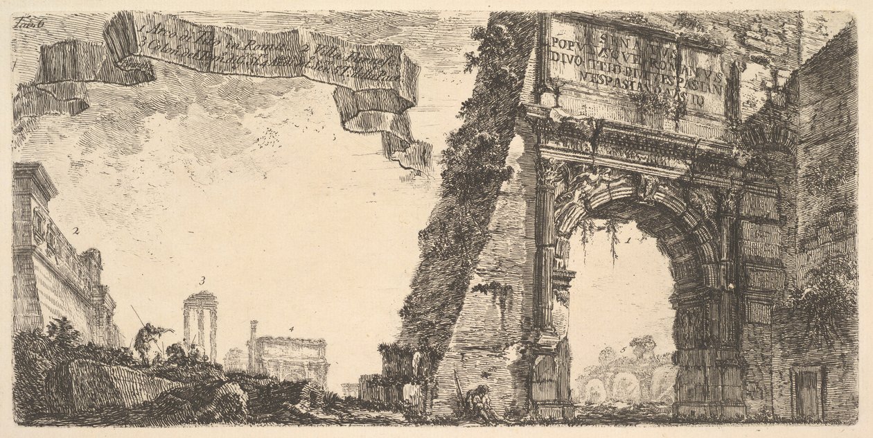 Plade 6: 1. Titusbue. 2. Villa Farnese. 3. Søjler af Jupiter-templet Stato..., ca. 1748. af Giovanni Battista Piranesi
