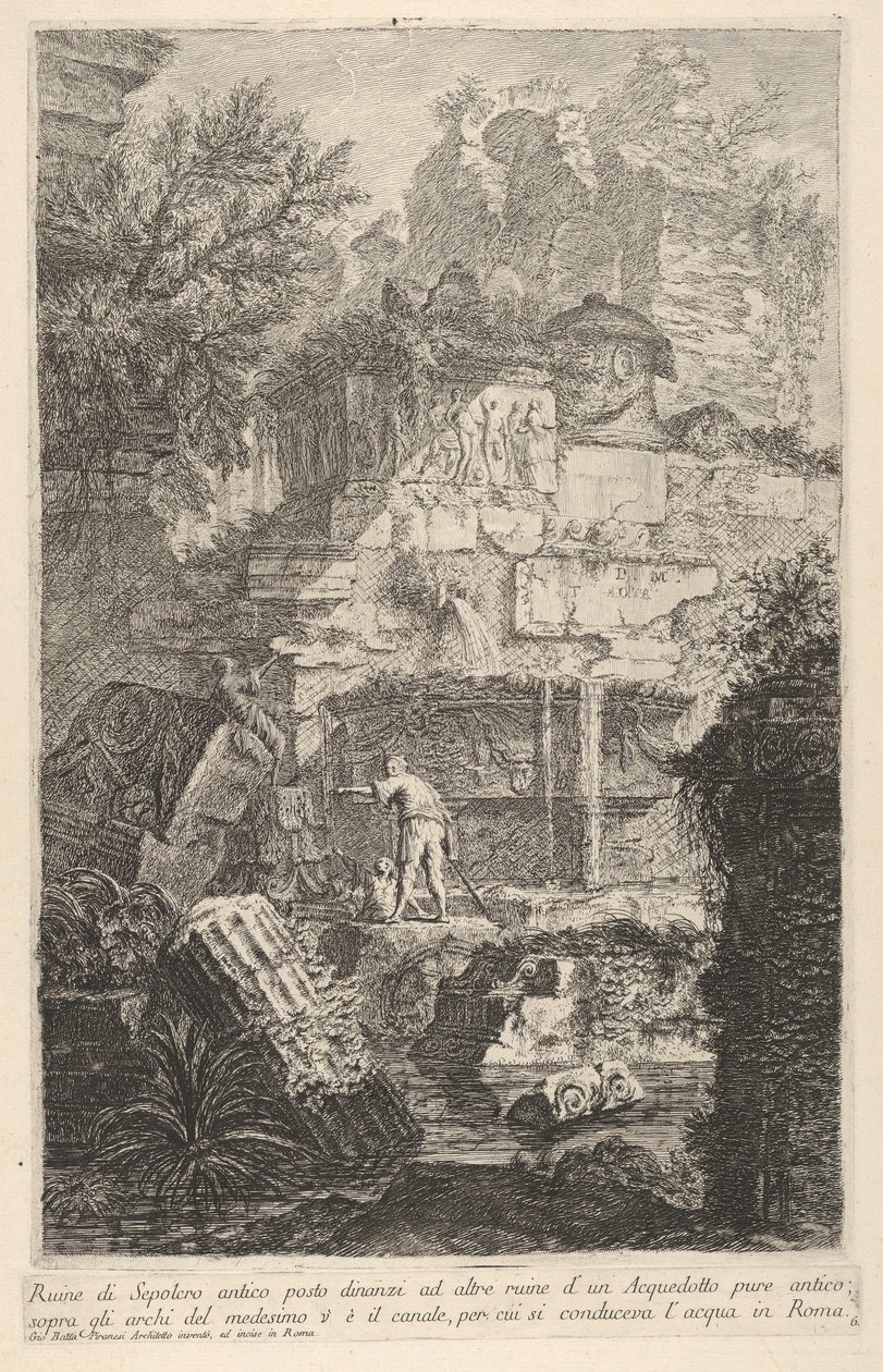 Plade 6: Ruiner af en gammel grav foran ruinerne af en gammel akvædukt, over buen..., 1743. af Giovanni Battista Piranesi