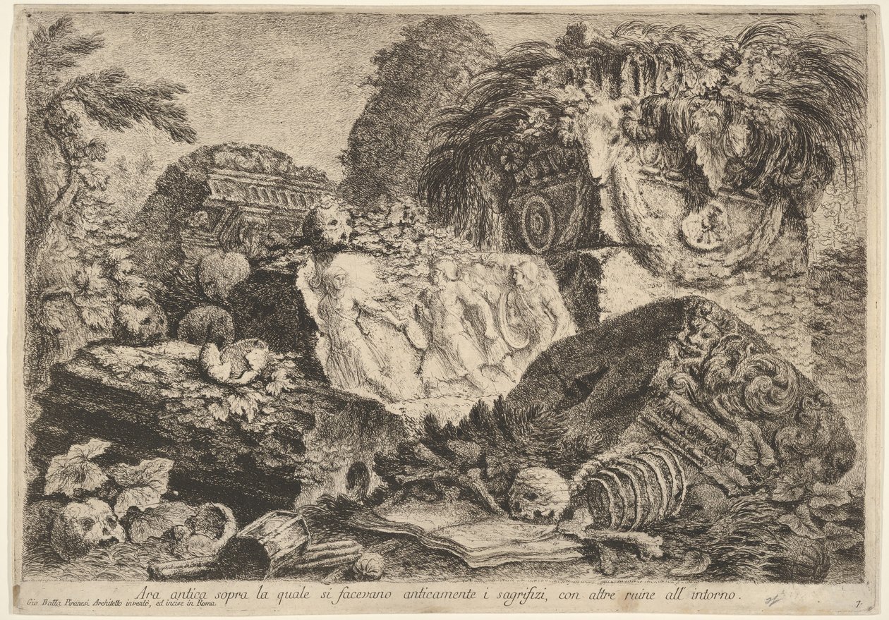Plade 7: Oldtidsalter, hvorpå der blev ofret i oldtiden, omgivet af andet..., 1743. af Giovanni Battista Piranesi