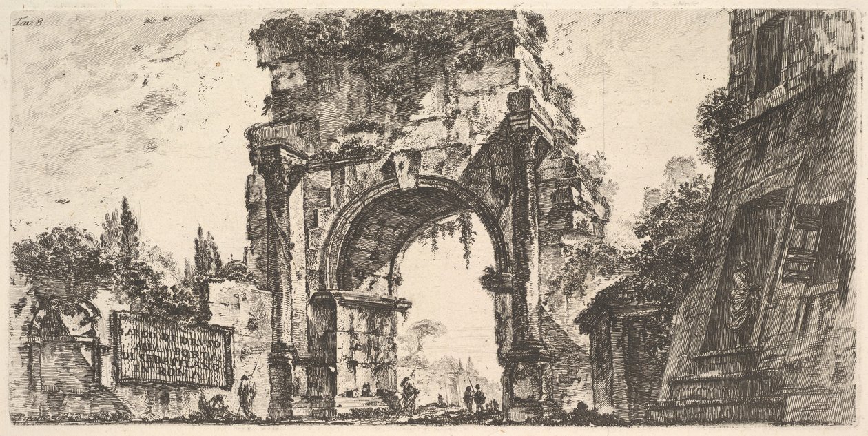 Plade 8: Drusus-buen ved Porta S. Sebastiano i Rom Arco di Drusus ved Porta d ..., ca. 1748. af Giovanni Battista Piranesi