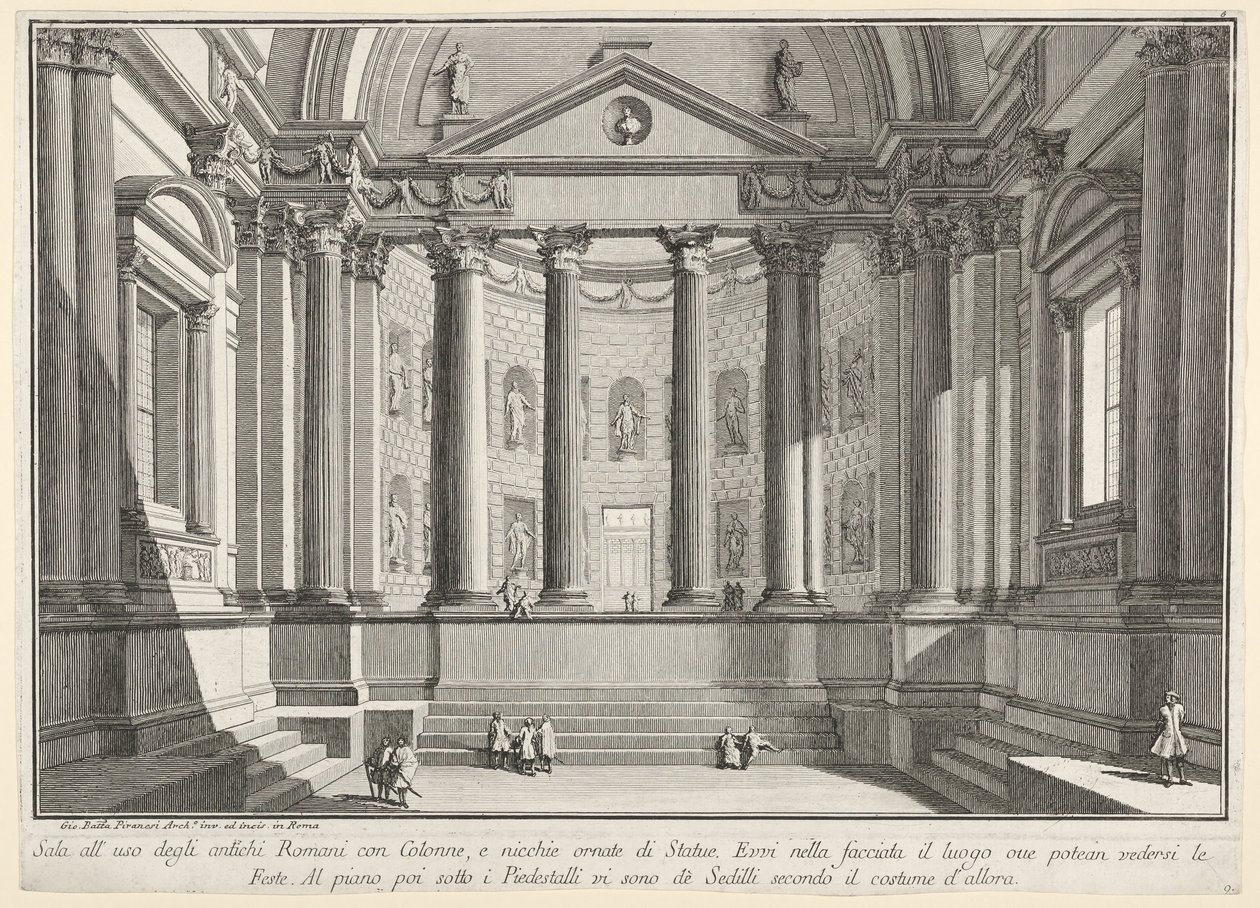 Plade 9: Søjlehal efter de gamle romeres skik, og nicher pryder..., 1743. af Giovanni Battista Piranesi