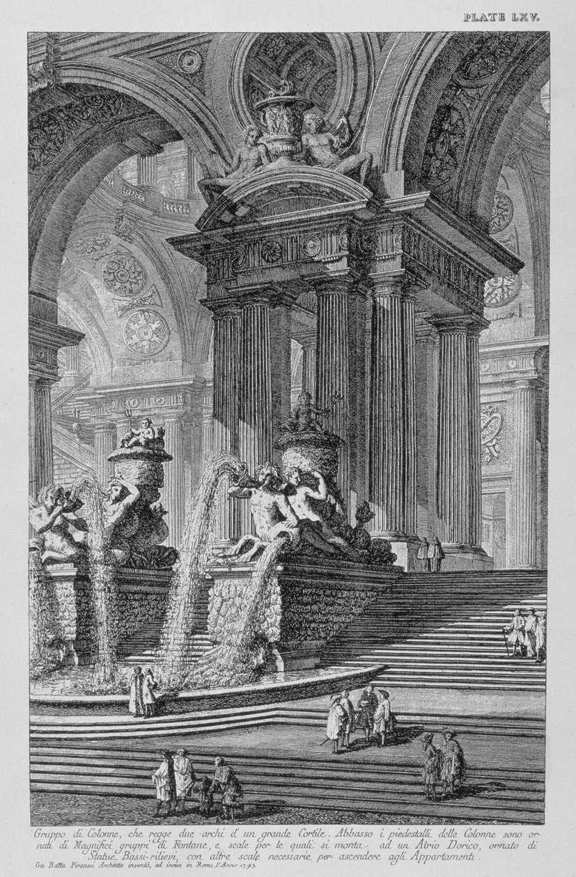Tavle LXV Arkitektonisk capriccio af en monumental gruppe af søjler, der bærer to buer i en stor gårdsplads med storslåede springvand, udsmykket med statuer og basrelieffer, dateret 1743 fra Vedute, af Giovanni Battista Piranesi