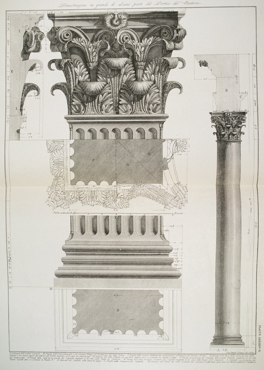 Tavle LXXXIV-V Demonstration i stor skala af en del af Pantheons portikus fra "Vedute", første gang udgivet i 1756, udgivet af E und F.N. Spon Ltd., 1900 af Giovanni Battista Piranesi