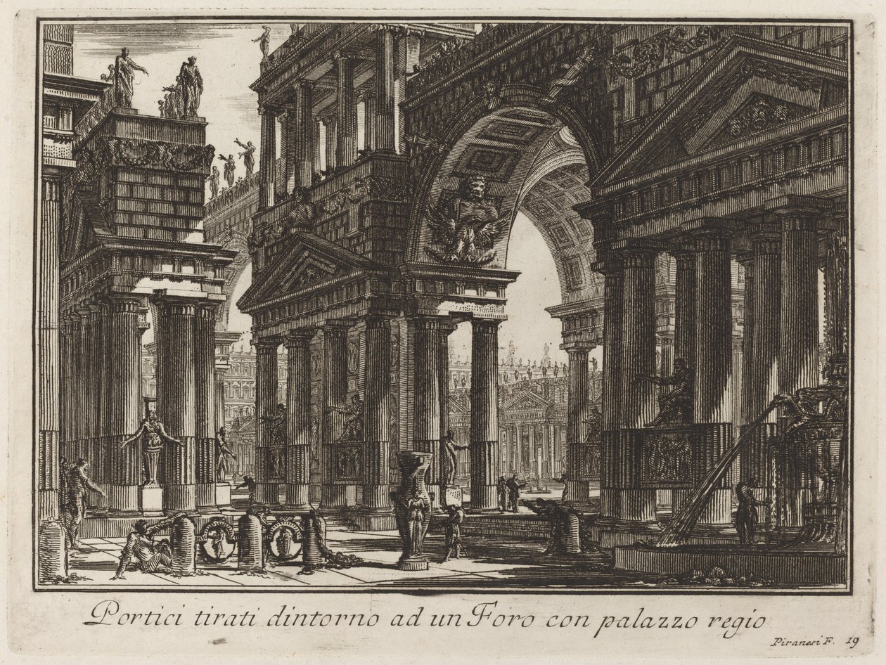 Portikoer tegnet rundt om et forum med et kongeligt palads af Giovanni Battista Piranesi