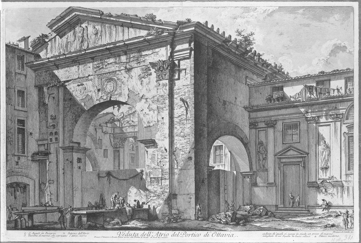 Porticus van Octavia i Rom Udsigt over Atrium i Portico of Octavia (titel på objekt) Gezichten op Rom (serietitel) Udsigt over Rom designet og indgraveret af Giambattista Piranesi-arkitekten Ve (nez) iano (serietitel) af Giovanni Battista Piranesi