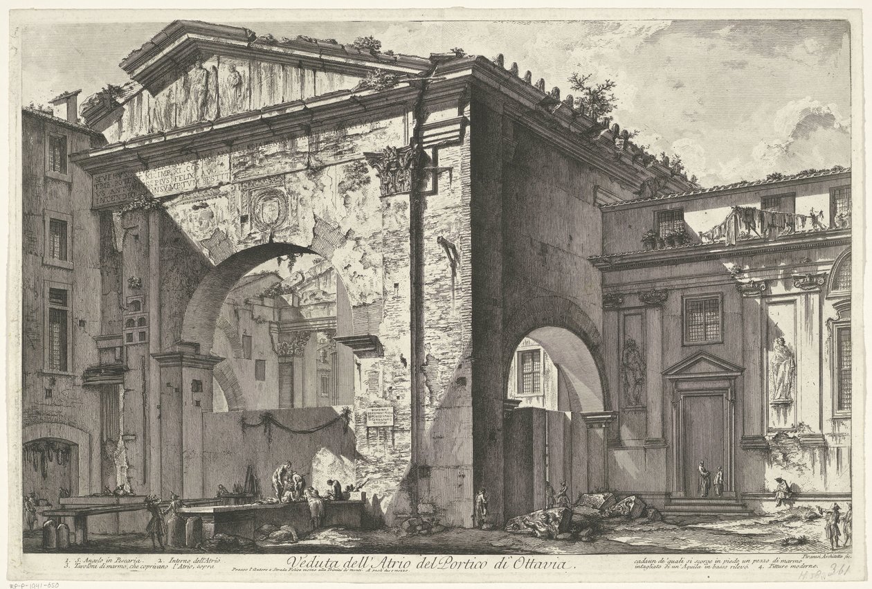 Porticus van Octavia i Rom Udsigt over Atrium i Portico of Octavia (titel på objekt) Gezichten op Rom (serietitel) Udsigt over Rom designet og indgraveret af Giambattista Piranesi-arkitekten Ve (nez) iano (serietitel) af Giovanni Battista Piranesi
