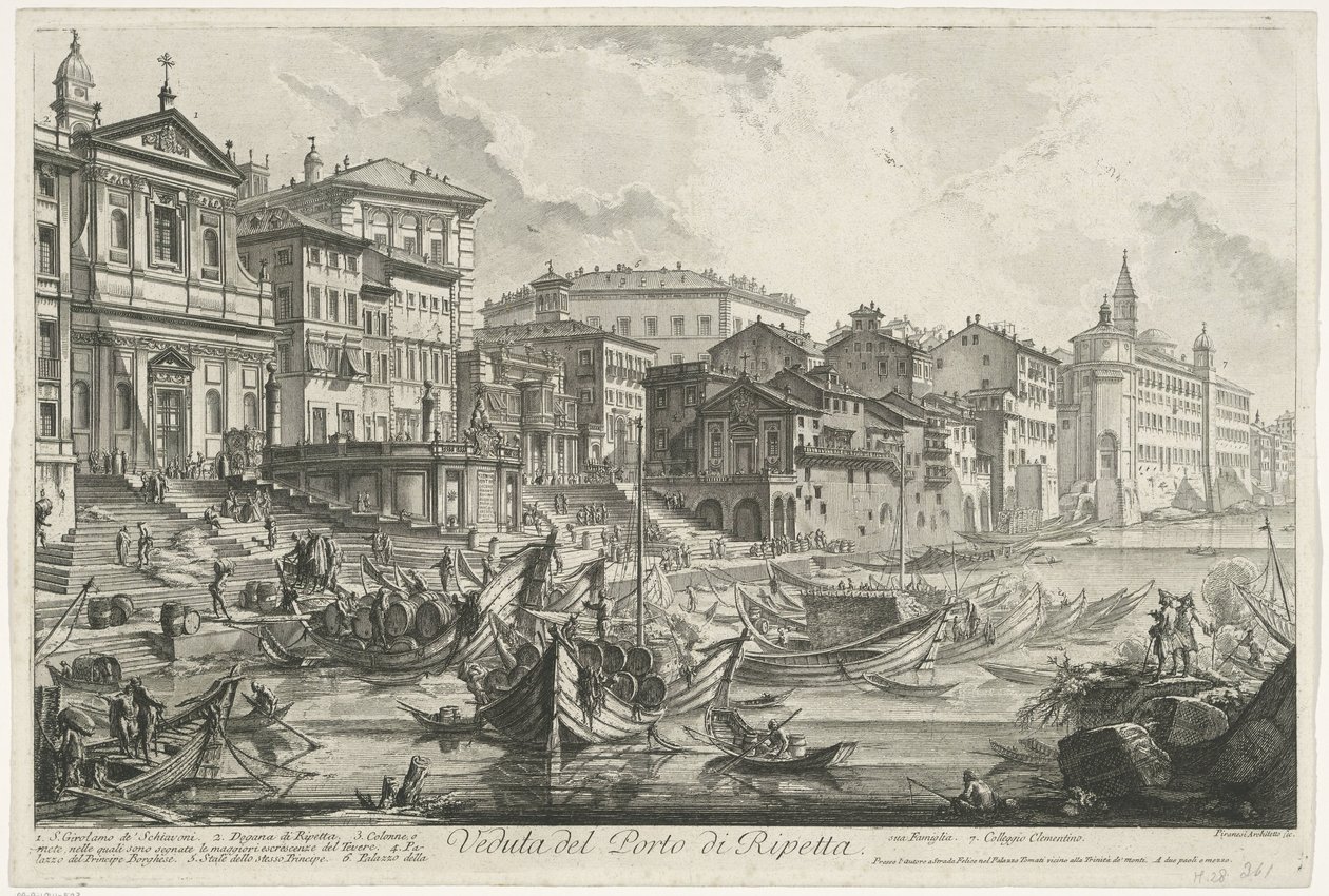 Havnen i Ripetta te Rom Udsigt over havnen i Ripetta (titel på objekt) Gezichten op Rom (serietitel) Udsigt over Rom designet og indgraveret af Giambattista Piranesi-arkitekten Ve (nez) iano (serietitel) af Giovanni Battista Piranesi