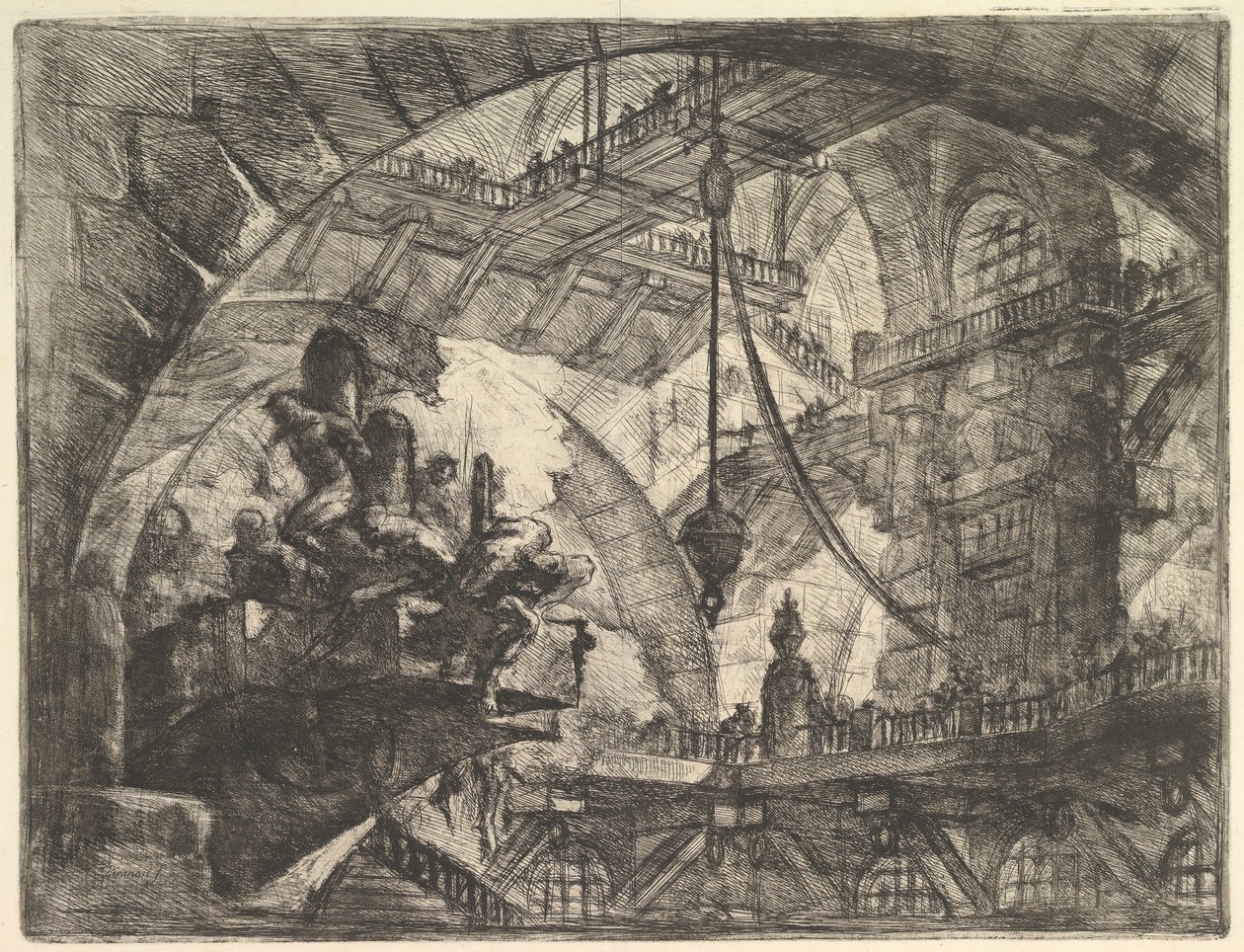 Fanger på en projekterende platform, fra Carceri dinvenzione Imaginary Prisons, ca. 1749-50. af Giovanni Battista Piranesi