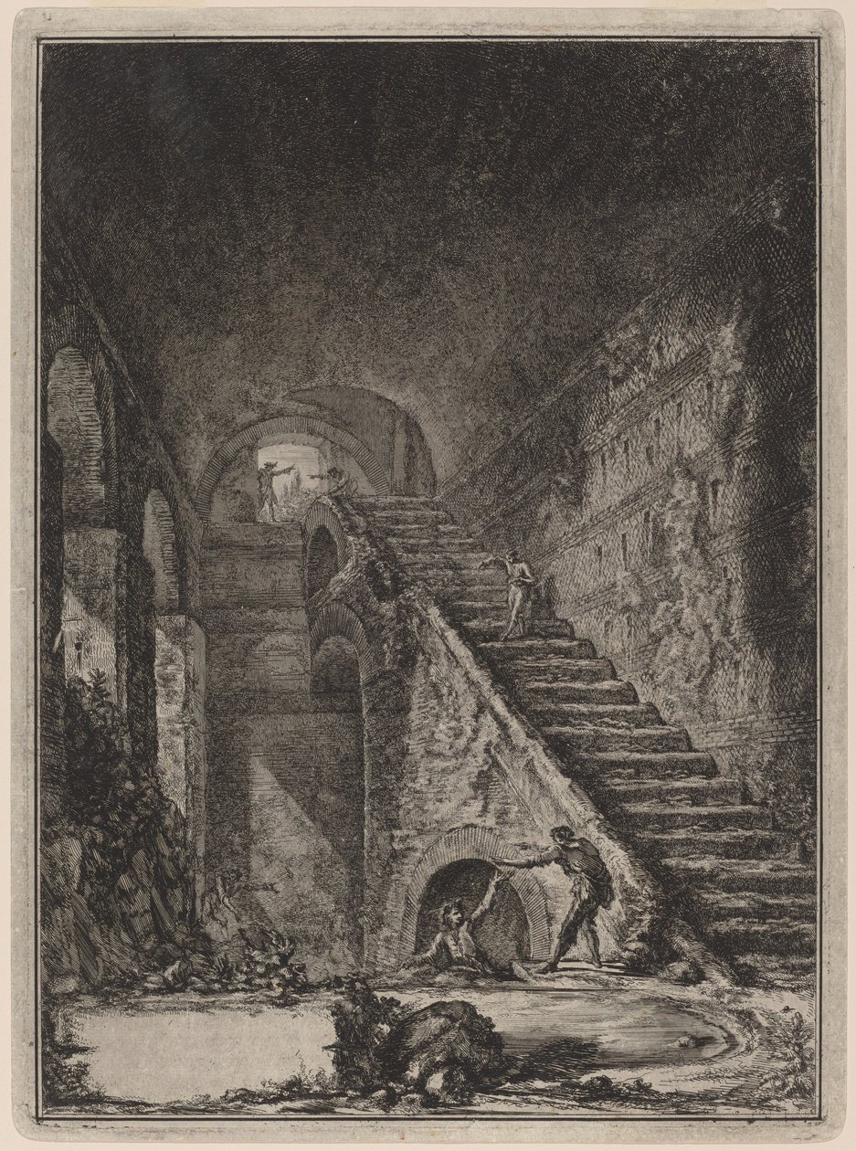 Perspektiv af trappen til vandbeskyttelsen af ​​de førnævnte huse, nævnt i plan i tavle XIII med let. G. af Giovanni Battista Piranesi