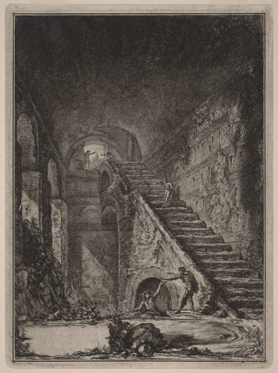 Perspektiv af trappen til vandreservoiret ved de allerede nævnte boliger, angivet på planen i tavle XIII med bogstavet G. af Giovanni Battista Piranesi