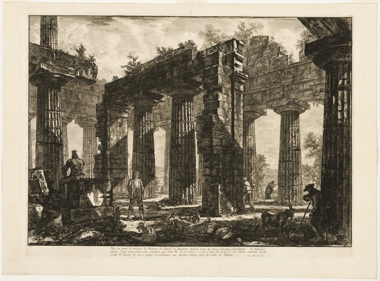 Set bagfra af resterne af pronaos af Neptuntemplet, tegnet i de to foregående plader, fra Forskellige udsigter over Paestum af Giovanni Battista Piranesi