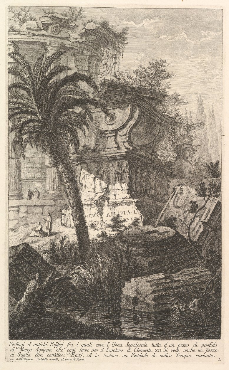 Rester af gamle bygningsværker, blandt hvilke står Marcus Agrippas gravurne, ca. 1750. af Giovanni Battista Piranesi