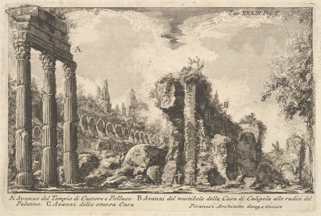 Rester af Castor- og Pollux-templet. . . Avanzo del Tempio di Castore e ..., 1700-tallet. af Giovanni Battista Piranesi