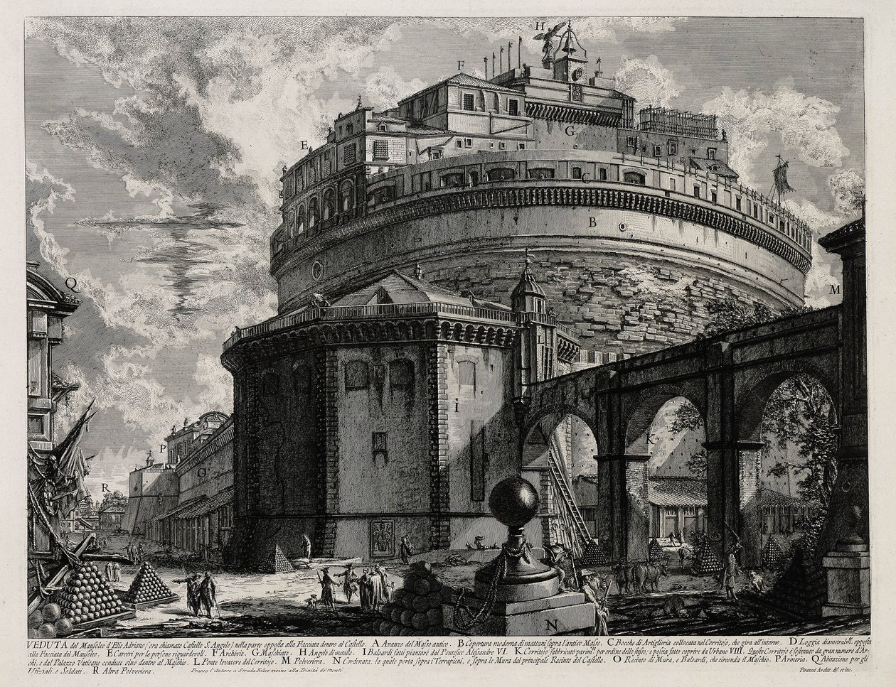 Bagfra set af Hadrians mausoleum, nu kaldet Engelsborg (fra: Vedute di Roma) af Giovanni Battista Piranesi