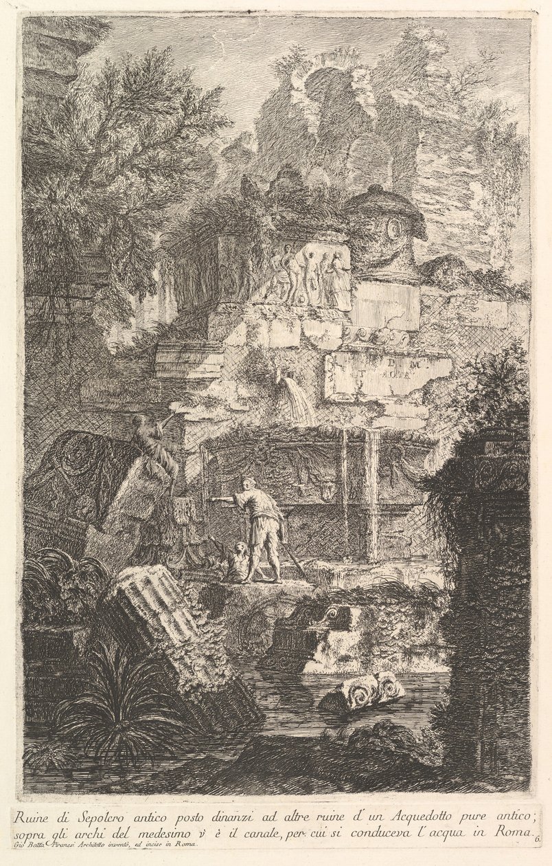 Ruinerne af en gammel grav foran ruinerne af en gammel akvædukt Ruine di Sepolcro a..., ca. 1750. af Giovanni Battista Piranesi