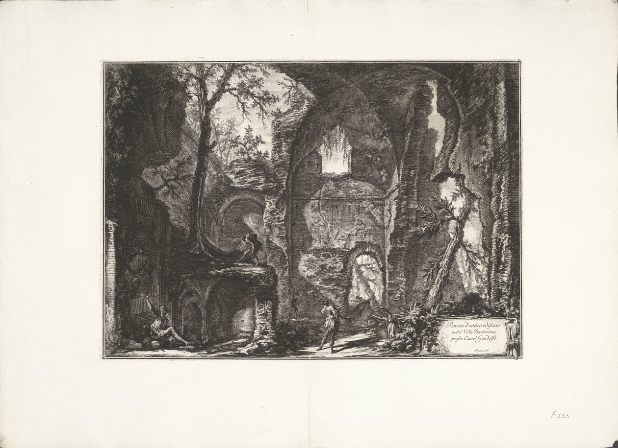 Ruine i Villa Barberini Ruinerne af en gammel bygning i Villa Barberina nær Castel Gandolfo (titel på objektet) Archeologische vondsten uit Albano en Castel Gandolfo (serietitel) Antikviteter fra Albano og Castel Gandolfo (serietitel) af Giovanni Battista Piranesi