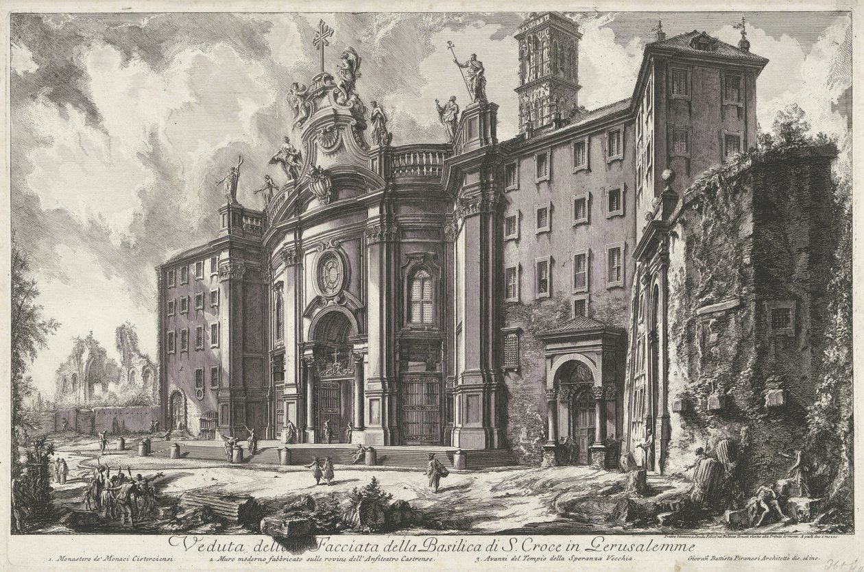 Santa Croce i Gerusalemme te Rom Udsigt over facaden af ​​basilikaen S. Croce i Gerusalemme (titel på objektet) Gezichten op Rom (serietitel) Udsigt over Rom designet og indgraveret af Giambattista Piranesi-arkitekten Ve (nez) iano (serietitel) af Giovanni Battista Piranesi