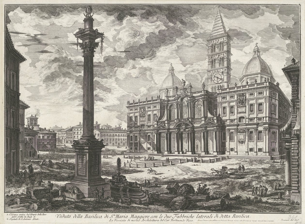Santa Maria Maggiore i Rom Udsigt over basilikaen Santa Maria Maggiore med de to sidefabrikker af nævnte basilika (titel på objektet) Gezichten op Rom (serietitel) Udsigt over Rom designet og indgraveret af Giambattista Piranesi-arkitekten Ve (nez) bl.a af Giovanni Battista Piranesi