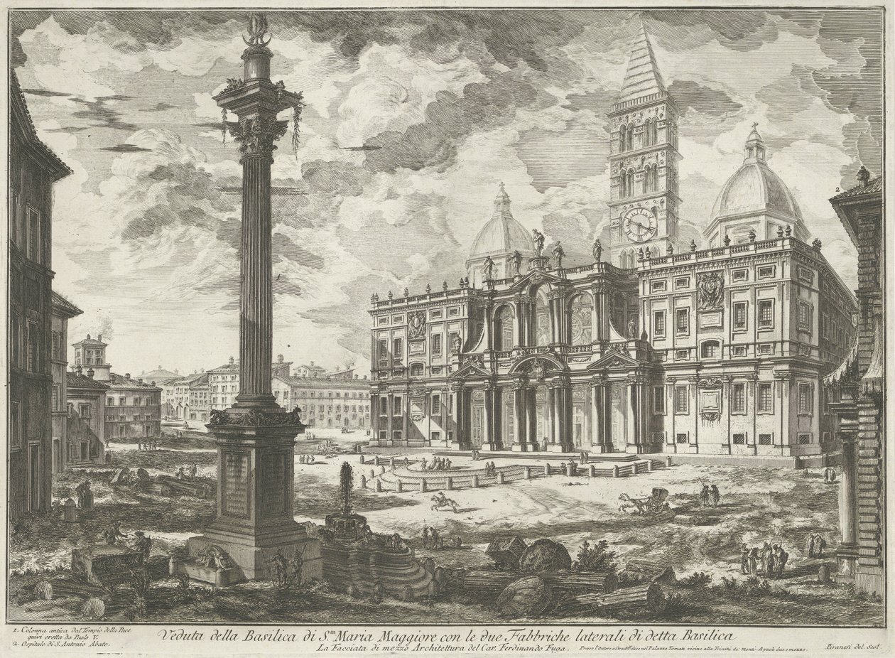 Santa Maria Maggiore i Rom Udsigt over basilikaen Santa Maria Maggiore med de to sidefabrikker af nævnte basilika (titel på objektet) Gezichten op Rom (serietitel) Udsigt over Rom designet og indgraveret af Giambattista Piranesi-arkitekten Ve (nez) bl.a af Giovanni Battista Piranesi