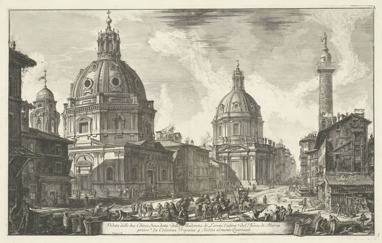 Santa Maria di Loreto en de Santissimo Nome di Maria te Rom Udsigt over de to kirker (...) (titel på objekt) Gezichten op Rom (serietitel) Udsigt over Rom designet og indgraveret af Giambattista Piranesi-arkitekten Ve (nez) iano (serietitel) af Giovanni Battista Piranesi