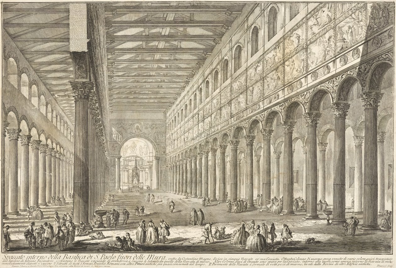 Snit gennem det indre af basilikaen Sankt Paul uden for Murene af Giovanni Battista Piranesi