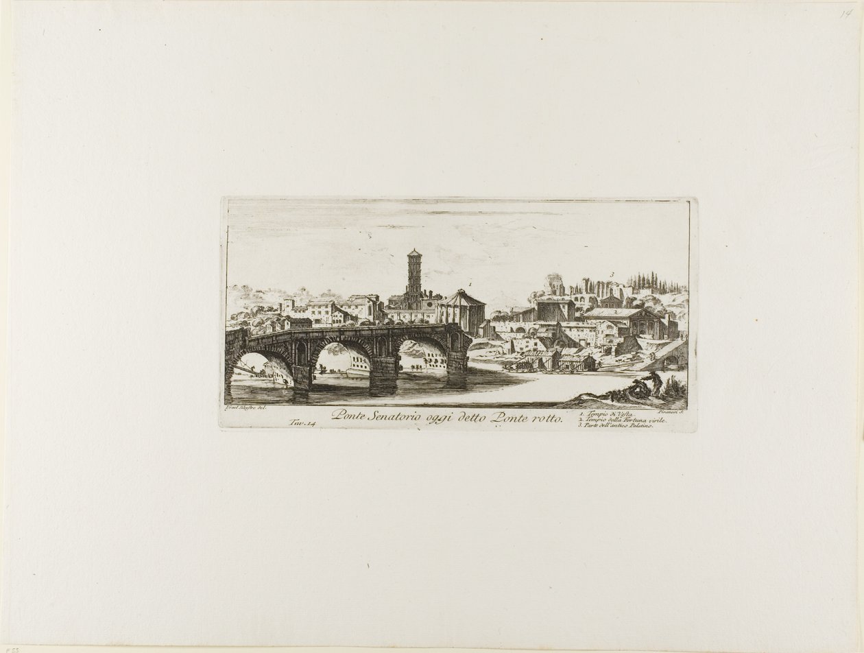 Senatsbroen, i dag kaldet Ponte Rotto [den ødelagte bro]. 1. Templet for Vesta. 2. Templet for Fortuna Virilis. 3. En del af det gamle Palatin, plade 14 fra Some Views of Triumphal Arches and other Monuments af Giovanni Battista Piranesi