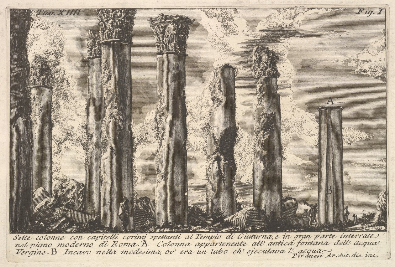 Syv søjler af Juturna-templet med korintiske hovedstæder. . . Sette colon..., 1700-tallet. af Giovanni Battista Piranesi