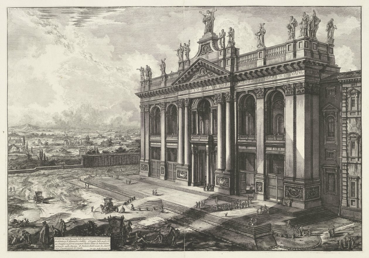 Sint-Jan van Lateranen te Rom Udsigt over facaden af ​​basilikaen S. Giovanni Laterano (...) (titel på objektet) Gezichten op Rom (serietitel) Udsigt over Rom designet og indgraveret af Giambattista Piranesi-arkitekten Ve (nez) iano (serietitel) af Giovanni Battista Piranesi