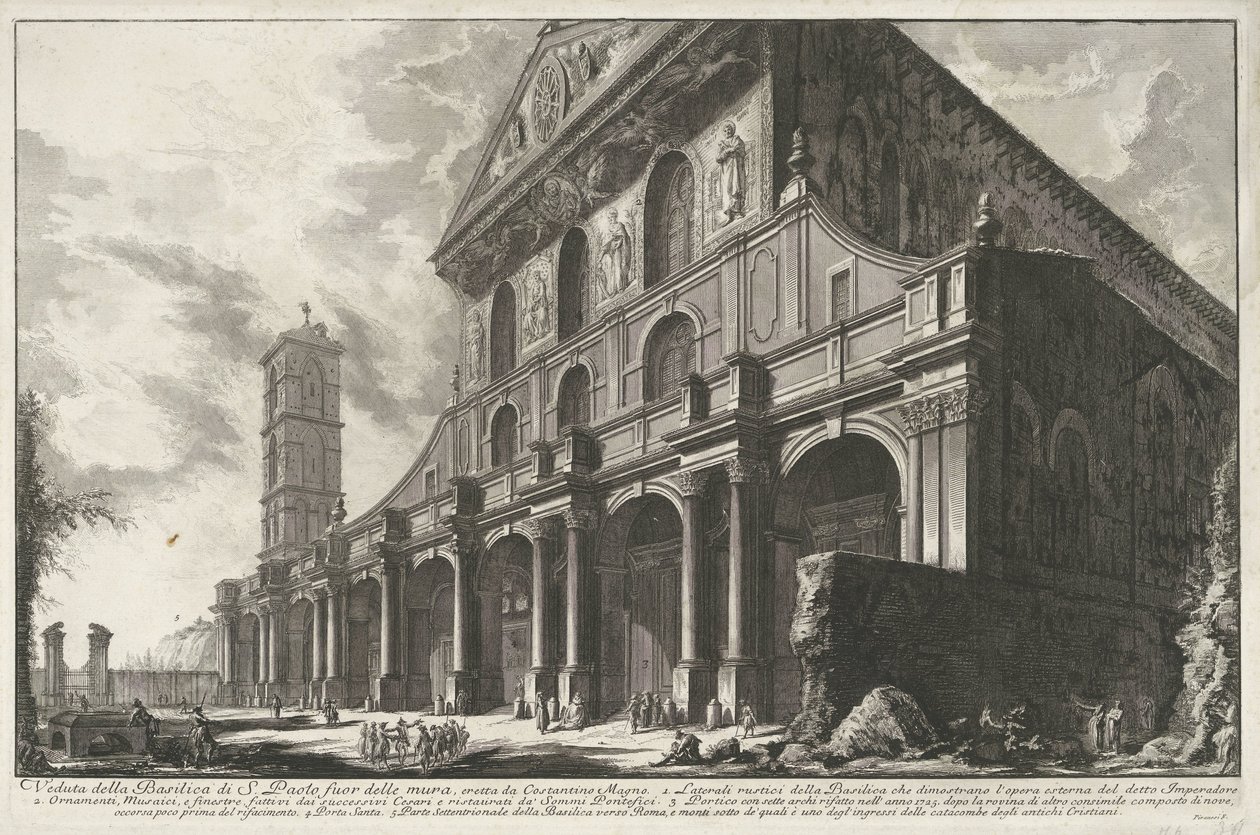 Sint-Paulus buiten de Muren te Rom Udsigt over Basilica of St. Paul uden for murene, bygget af Konstantin den Store (titel på objektet) Gezichten op Rom (serietitel) Udsigt over Rom designet og indgraveret af Giambattista Piranesi-arkitekten Ve (nez) iano  af Giovanni Battista Piranesi