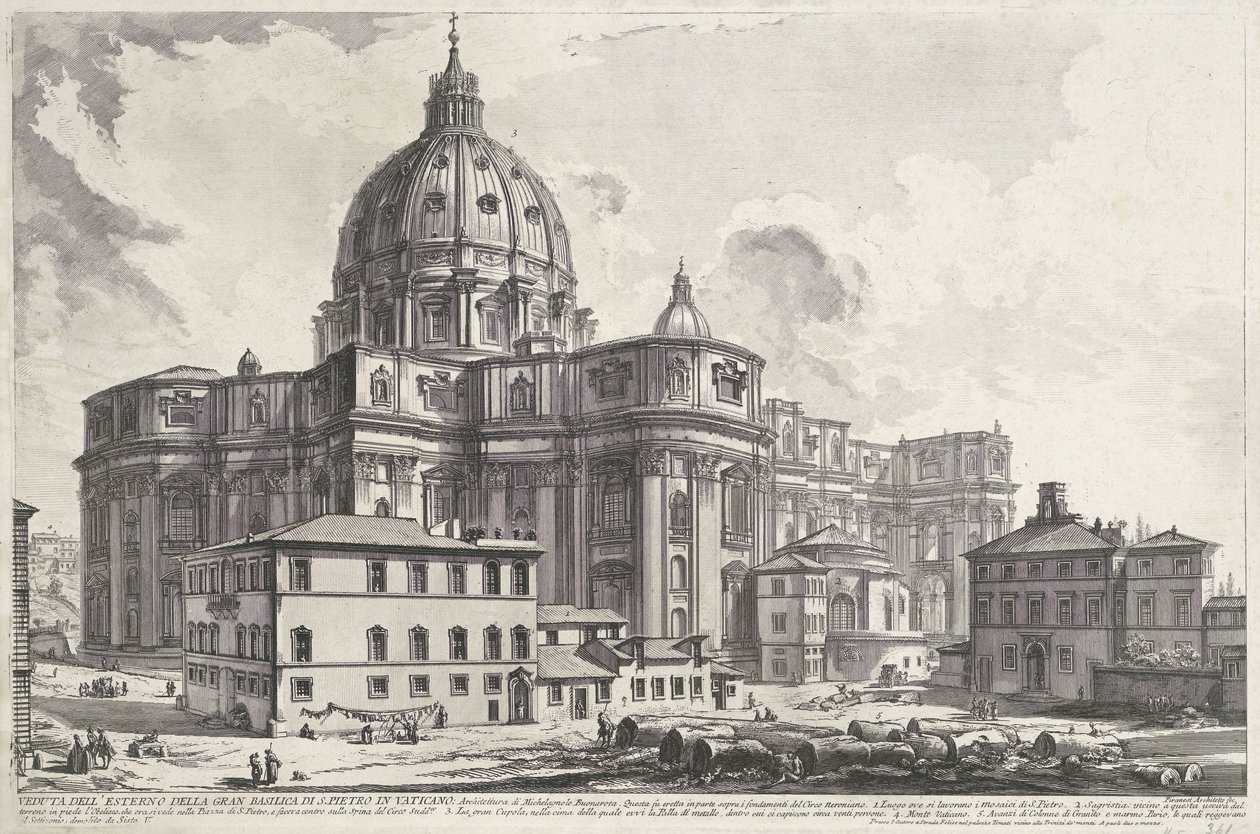Sint-Pietersbasiliek vanaf Sakristiets Plads Udsigt over det ydre af den store Peterskirke i Vatikanet (titel på objektet) Gezichten op Rom (serietitel) Udsigt over Rom designet og indgraveret af Giambattista Piranesi-arkitekten Ve (nez) iano (ser) af Giovanni Battista Piranesi