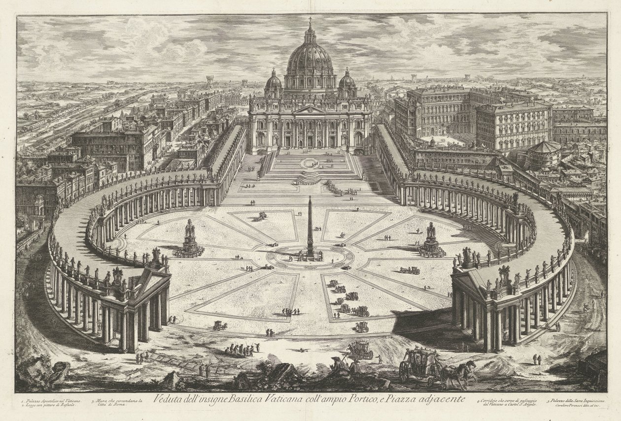 Sint-Pietersplein med de Sint-Pietersbasiliek te Vaticaanstad Udsigt over den berømte Vatikanbasilika med dens store Portico og tilstødende Piazza (titel på objektet) Gezichten op Rom (serietitel) Udsigt over Rom designet og indgraveret af Giambattista Pir af Giovanni Battista Piranesi