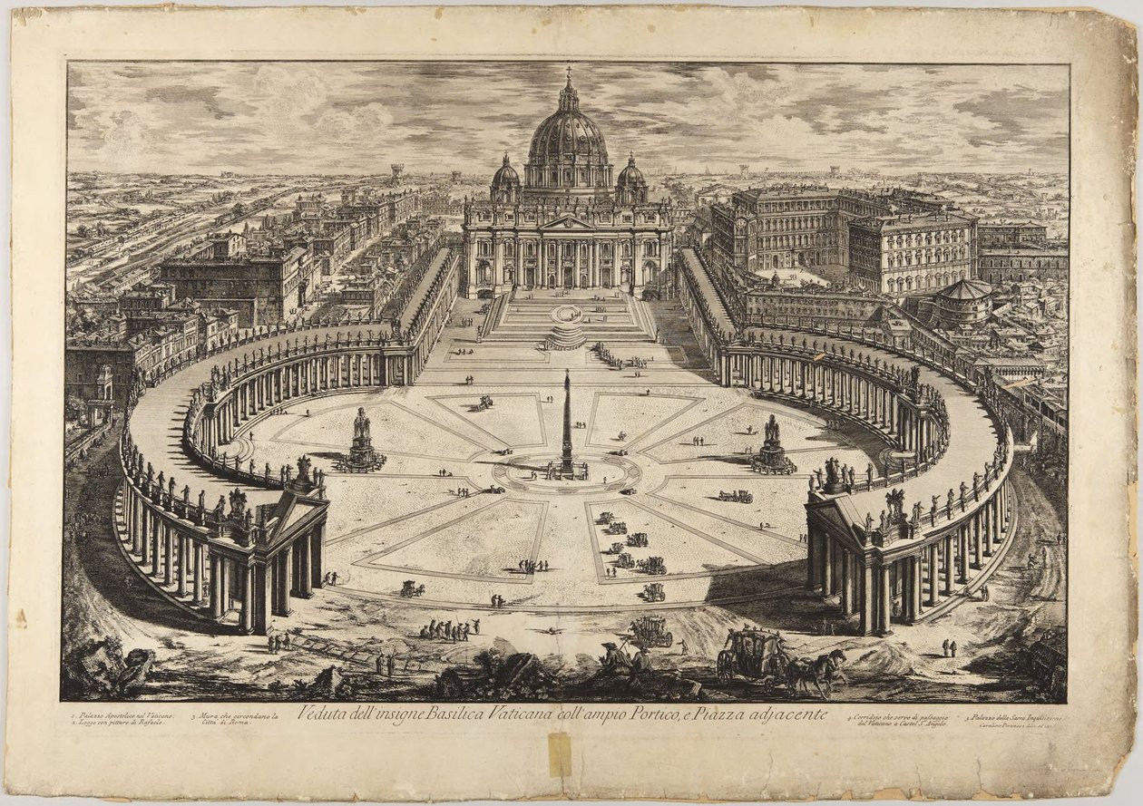 Peterskirken med forgård og kolonnader: fugleperspektiv af Giovanni Battista Piranesi