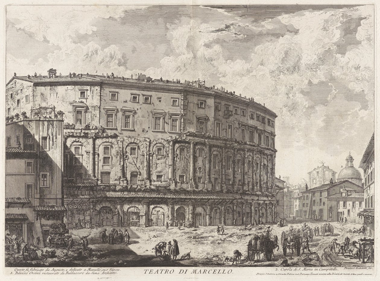 Marcellus Teater. Denne bygning blev bygget af Augustus og dedikeret til hans nevø Marcellus fra Vedute di Roma (Udsigt over Rom) af Giovanni Battista Piranesi