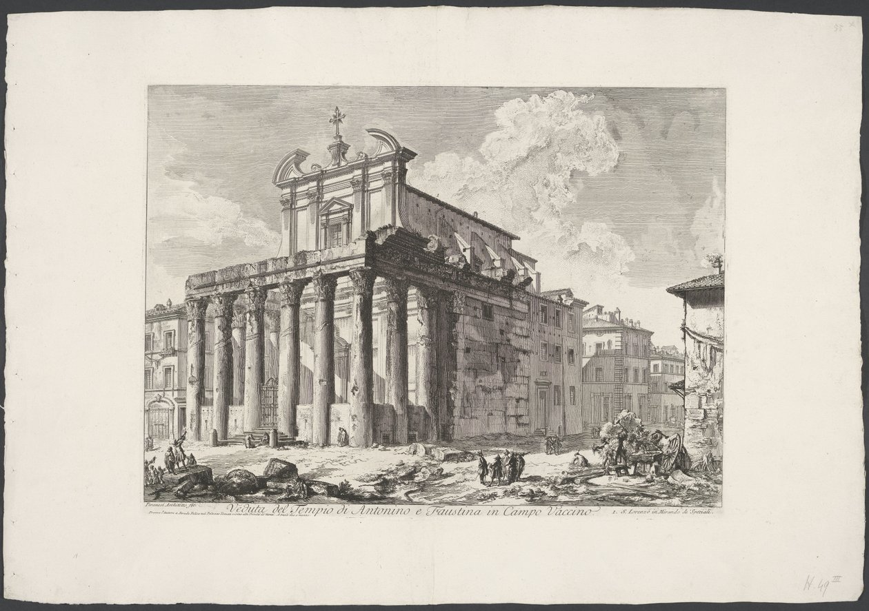 Tempel van Antoninus en Faustina te Rom Udsigt over Antoninus og Faustinas tempel i Campo Vaccino (titel på objektet) Gezichten op Rom (serietitel) Udsigt over Rom designet og indgraveret af Giambattista Piranesi-arkitekten Ve (nez) iano (serietitel) af Giovanni Battista Piranesi