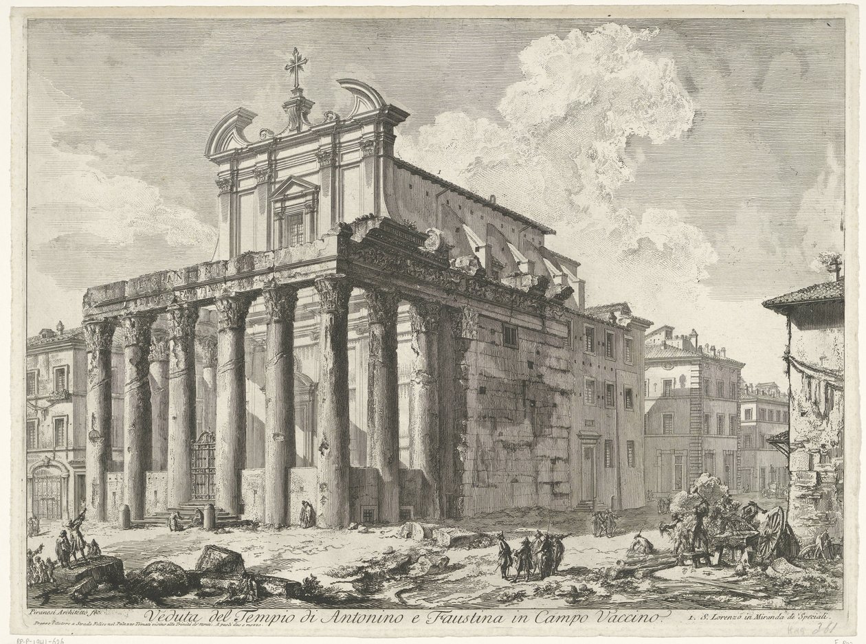 Tempel van Antoninus en Faustina te Rom Udsigt over Antoninus og Faustinas tempel i Campo Vaccino (titel på objektet) Gezichten op Rom (serietitel) Udsigt over Rom designet og indgraveret af Giambattista Piranesi-arkitekten Ve (nez) iano (serietitel) af Giovanni Battista Piranesi