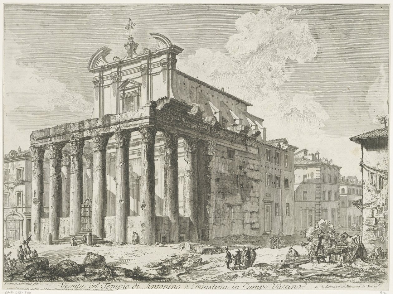 Tempel van Antoninus en Faustina te Rom Udsigt over Antoninus og Faustinas tempel i Campo Vaccino (titel på objektet) Gezichten op Rom (serietitel) Udsigt over Rom designet og indgraveret af Giambattista Piranesi-arkitekten Ve (nez) iano (serietitel) af Giovanni Battista Piranesi