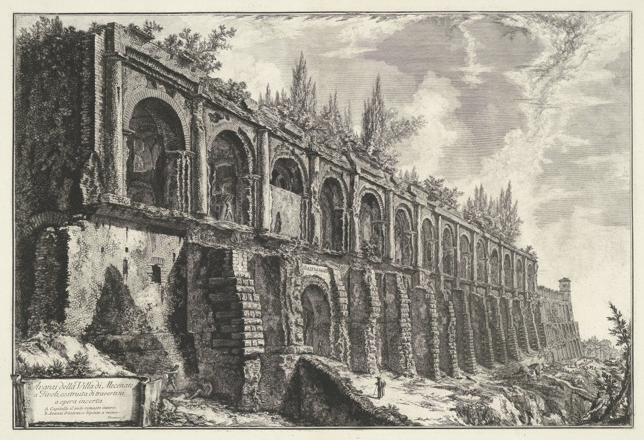 Tempel van Hercules Victor t og Tivoli Rester af Villa di Mecenate i Tivoli, bygget af travertiner af usikkert værk (titel på objekt) Gezichten op Rom (serietitel) Udsigt over Rom designet og indgraveret af Giambattista Piranesi-arkitekten Ve (nez) iano ( af Giovanni Battista Piranesi