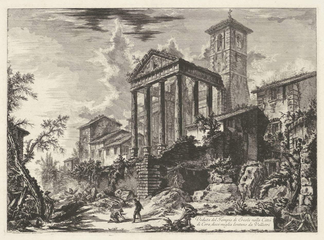 Tempel van Hercules te Cori Udsigt over Hercules-templet i byen Cora, ti miles væk fra Velletri (titel på objektet) Gezichten op Rom (serietitel) Udsigt over Rom designet og indgraveret af Giambattista Piranesi-arkitekten Ve (nez) iano (serie t af Giovanni Battista Piranesi