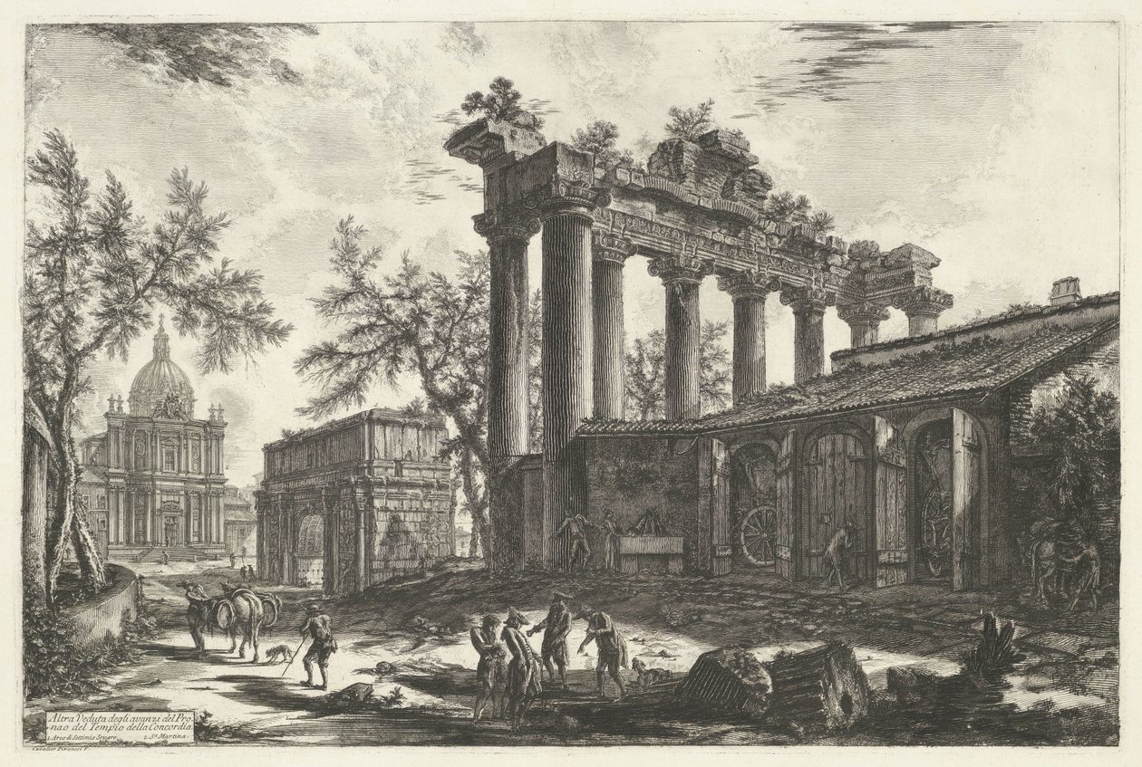 Tempel van Saturnus i Rom En anden udsigt over resterne af Pronaos af Concordia-templet (titel på objekt) Gezichten op Rom (serietitel) Udsigt over Rom designet og indgraveret af Giambattista Piranesi-arkitekten Ve (nez) iano (serietitel) af Giovanni Battista Piranesi