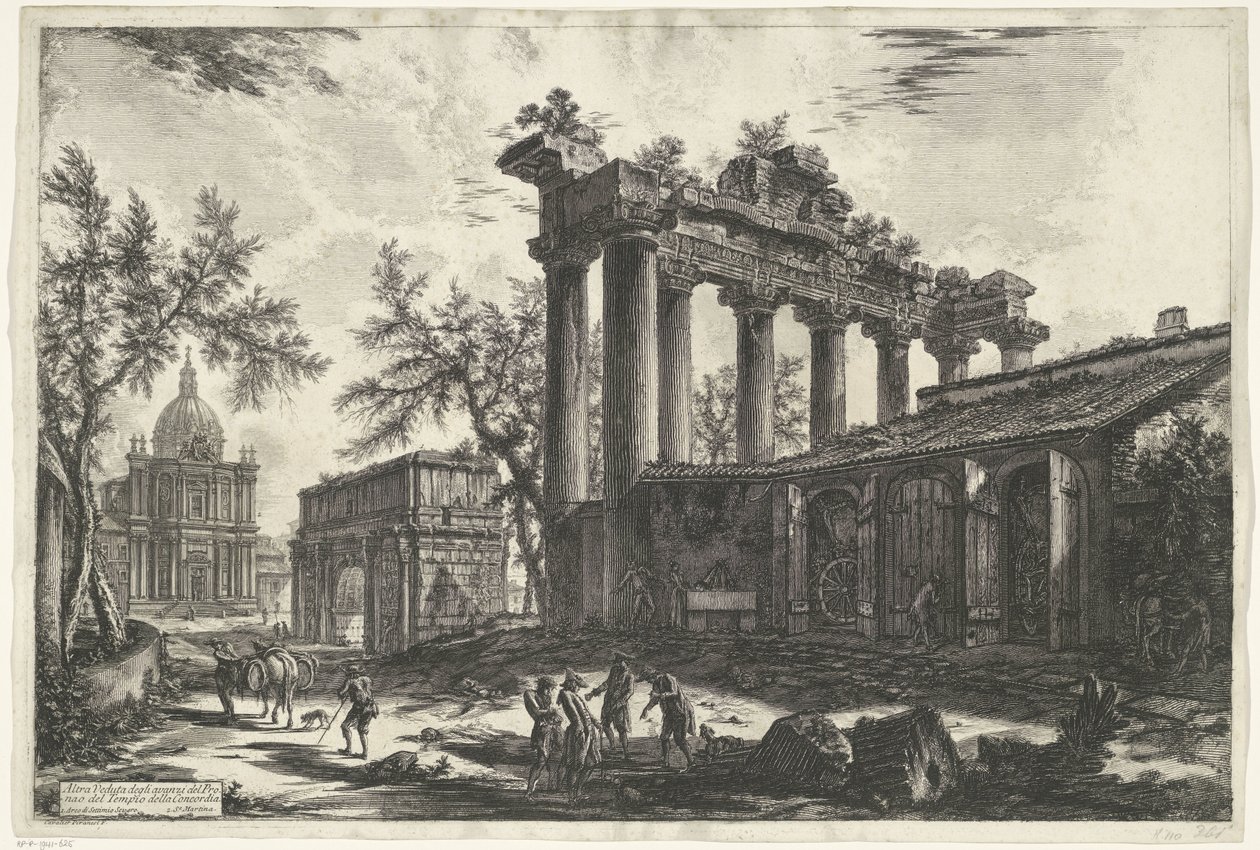 Tempel van Saturnus i Rom En anden udsigt over resterne af Pronaos af Concordia-templet (titel på objektet) Gezichten op Rom (serietitel) Udsigt over Rom designet og indgraveret af Giambattista Piranesi-arkitekten Ve (nez) iano (serietitel) af Giovanni Battista Piranesi